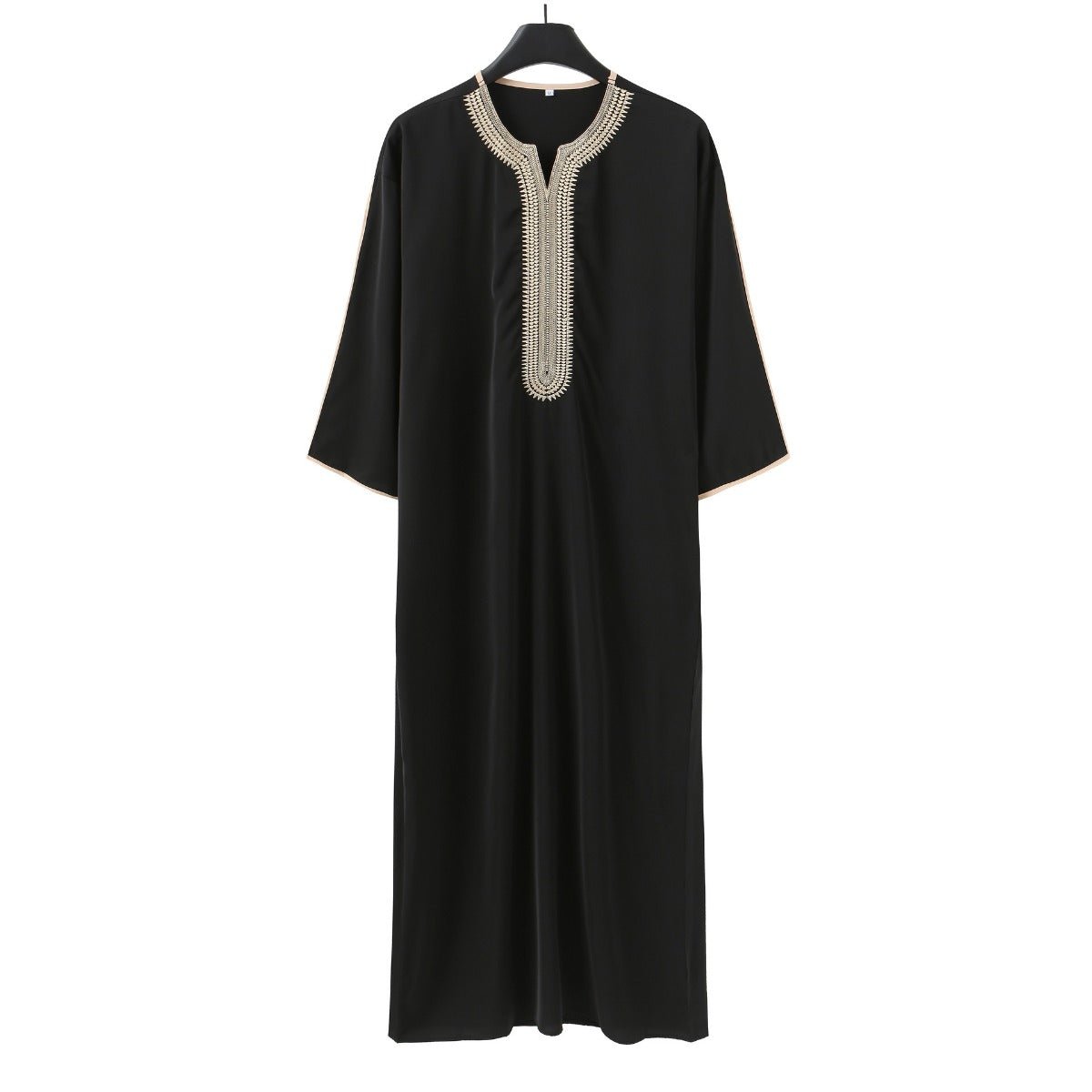 V-Neck Geometric Stitching Embroidered Medium Short Sleeve Muslim Robe Thobe (MT030)