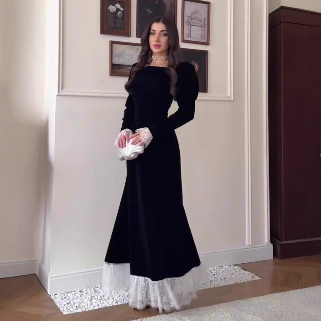 Velvet Gown with Lace Trim(MS238)