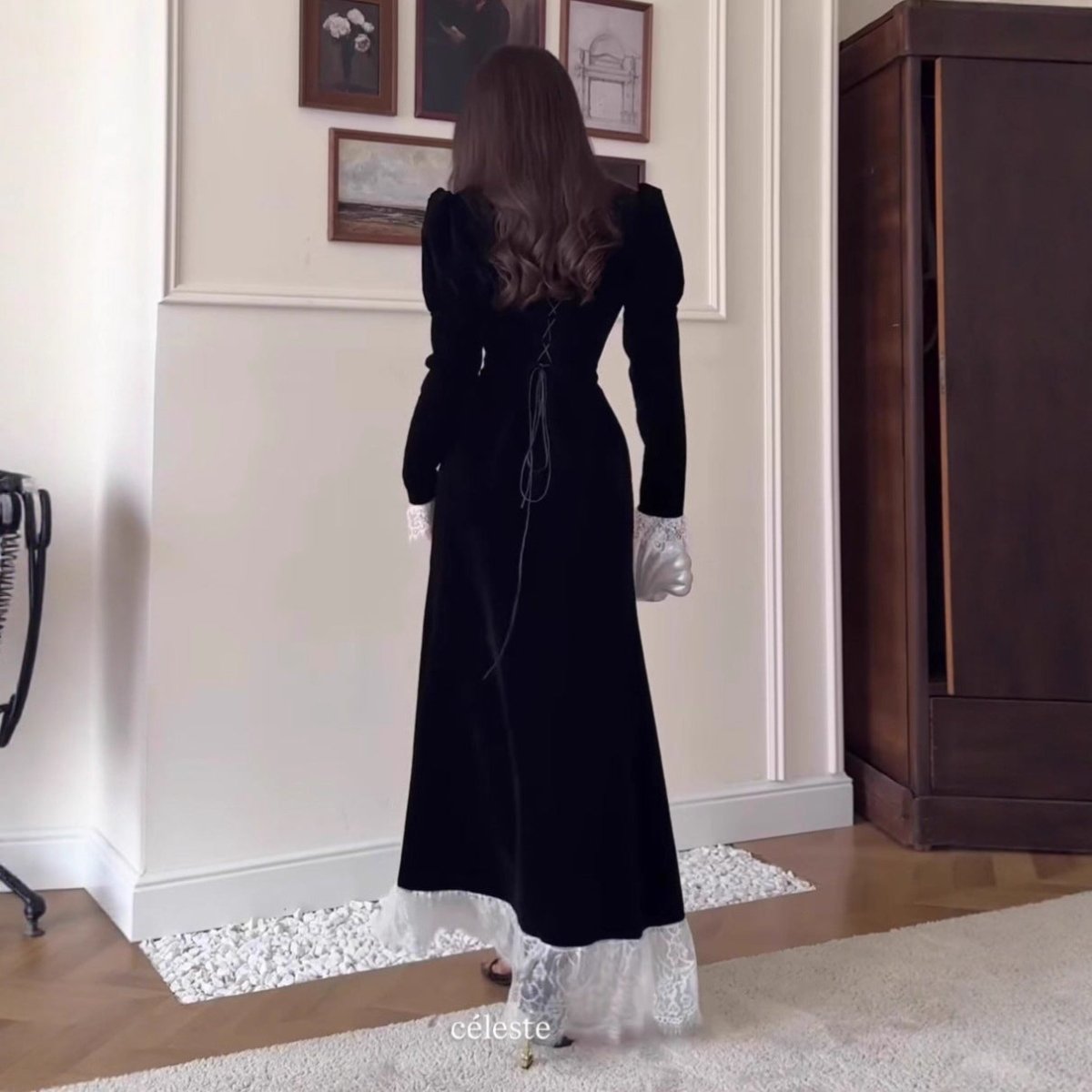 Velvet Gown with Lace Trim(MS238)