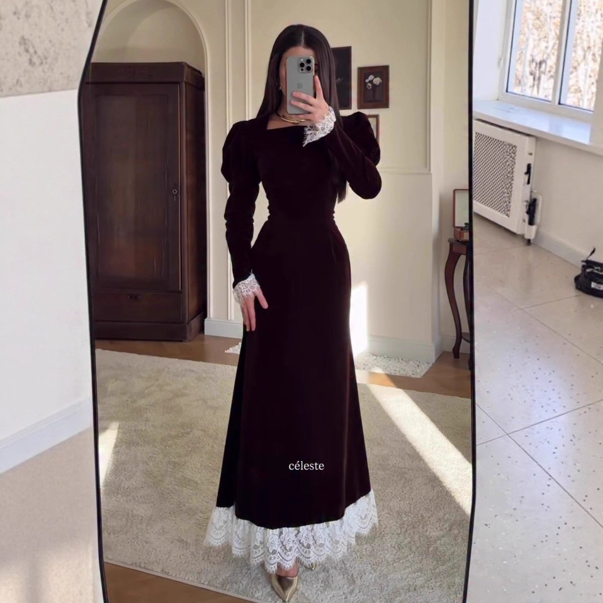 Velvet Gown with Lace Trim(MS238)