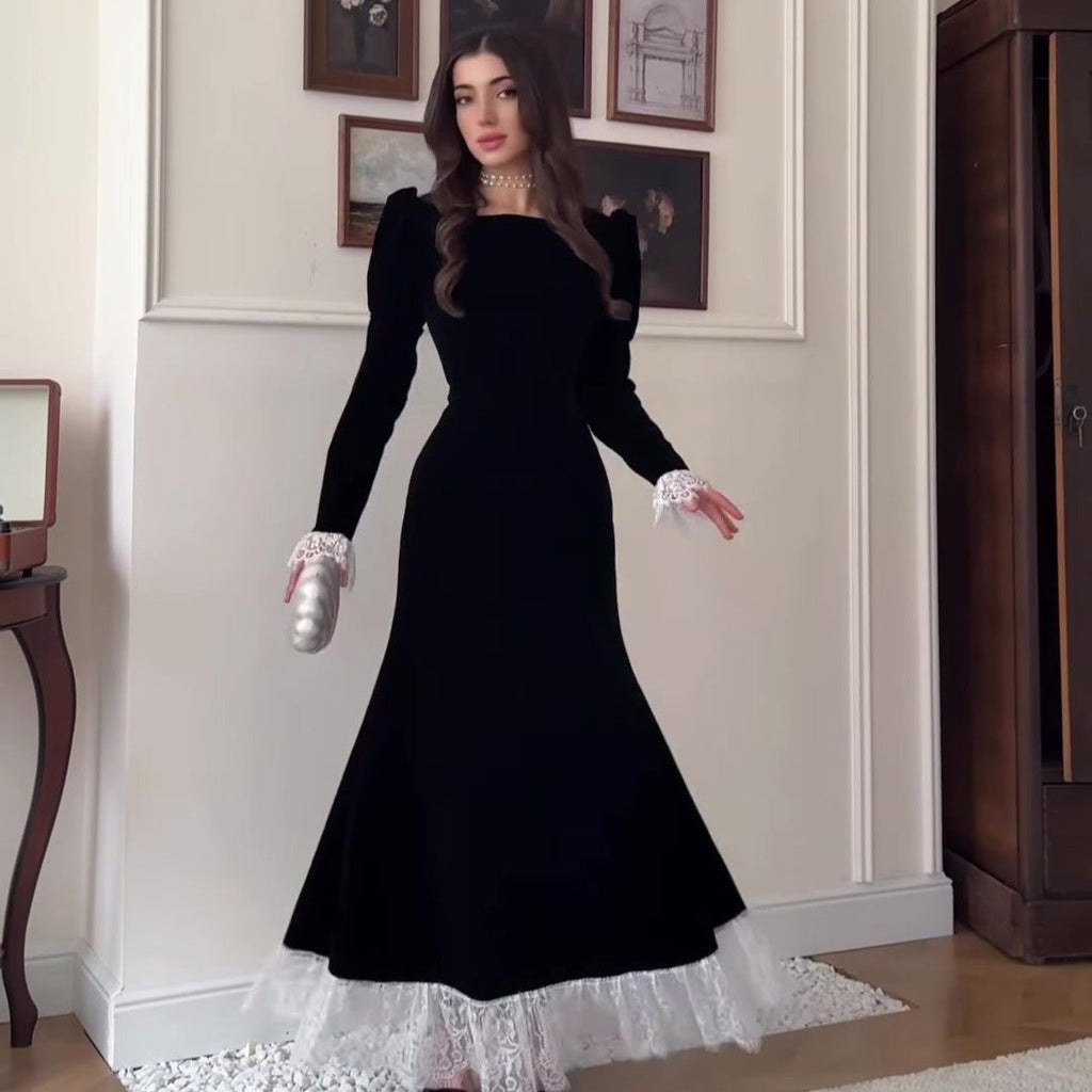 Velvet Gown with Lace Trim(MS238)