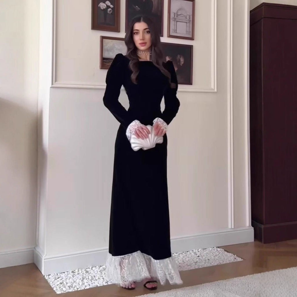 Velvet Gown with Lace Trim(MS238)