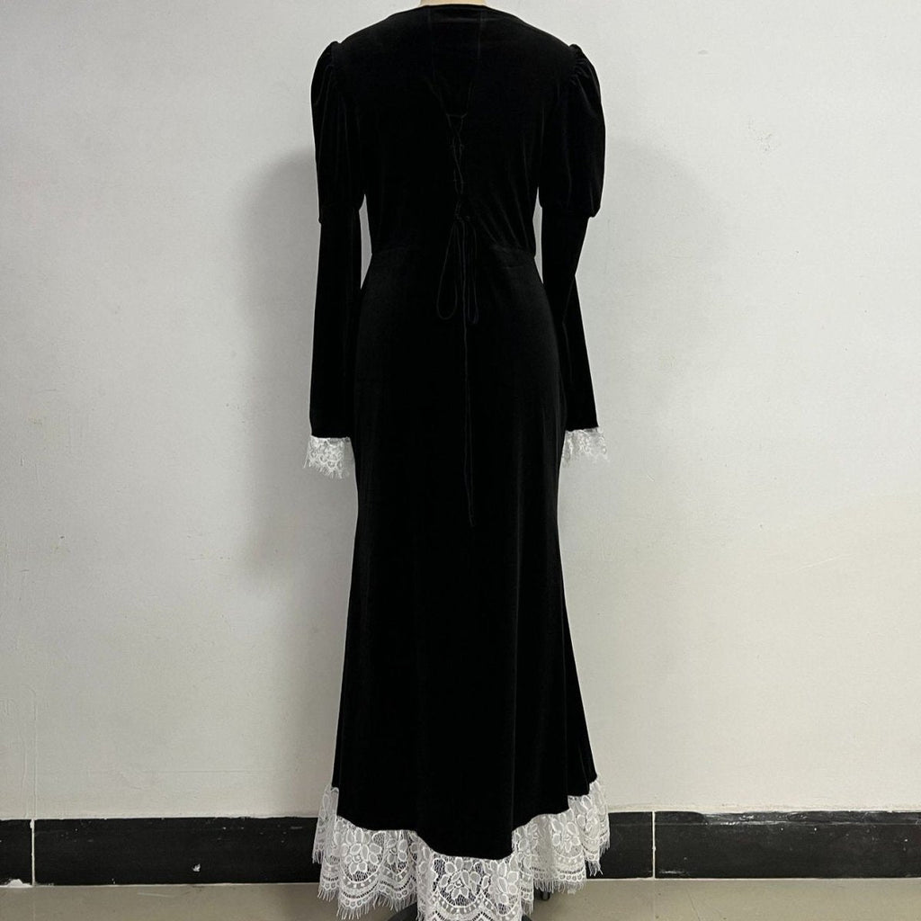 Velvet Gown with Lace Trim(MS238)