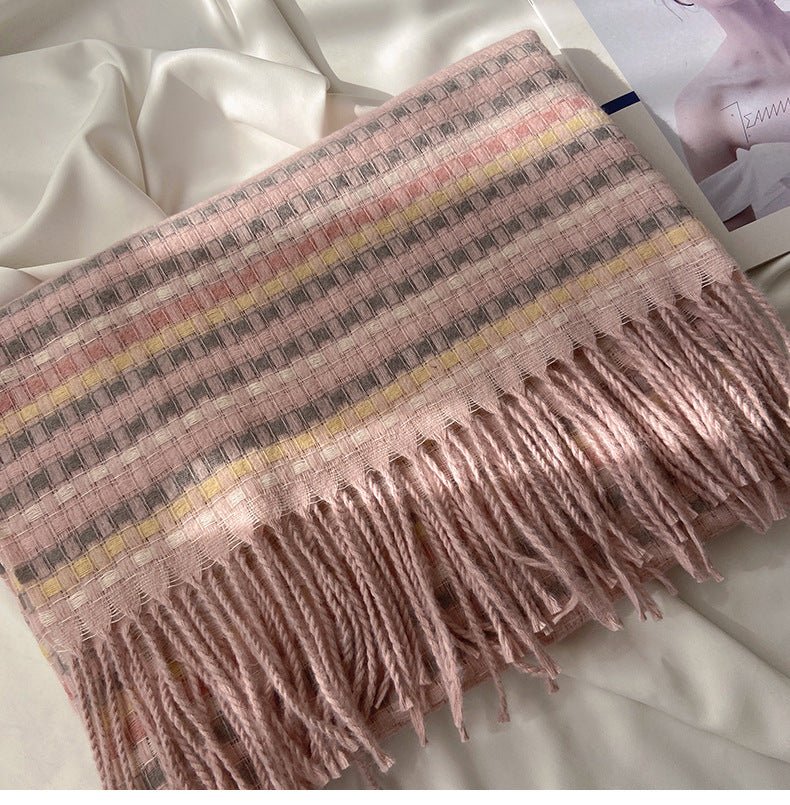 Vibrant Plaid Scarf Faux Wool Warm Shawl with Fringe (MAC334)