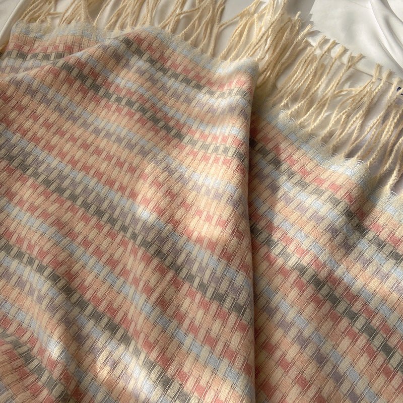 Vibrant Plaid Scarf Faux Wool Warm Shawl with Fringe (MAC334)