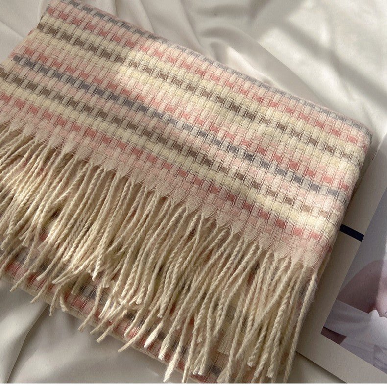 Vibrant Plaid Scarf Faux Wool Warm Shawl with Fringe (MAC334)