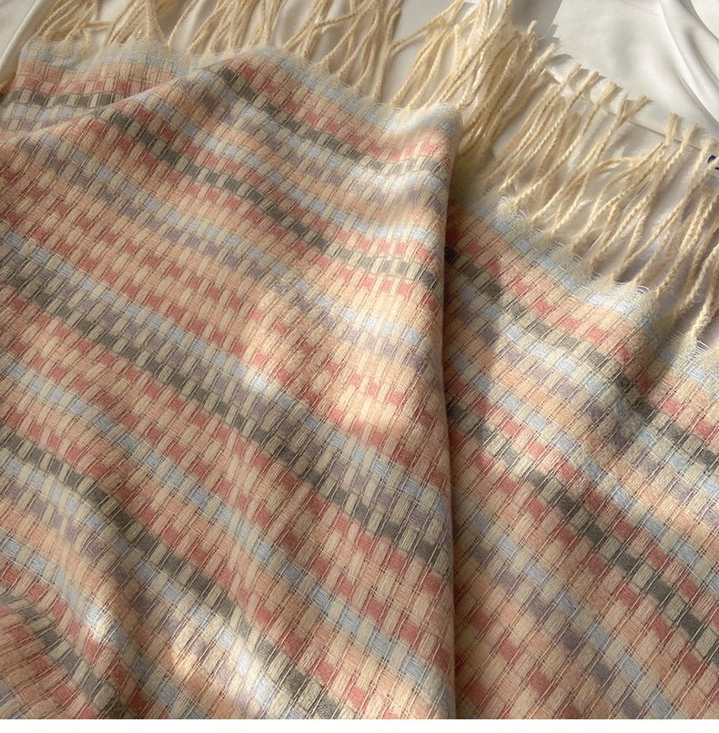 Vibrant Plaid Scarf Faux Wool Warm Shawl with Fringe (MAC334)