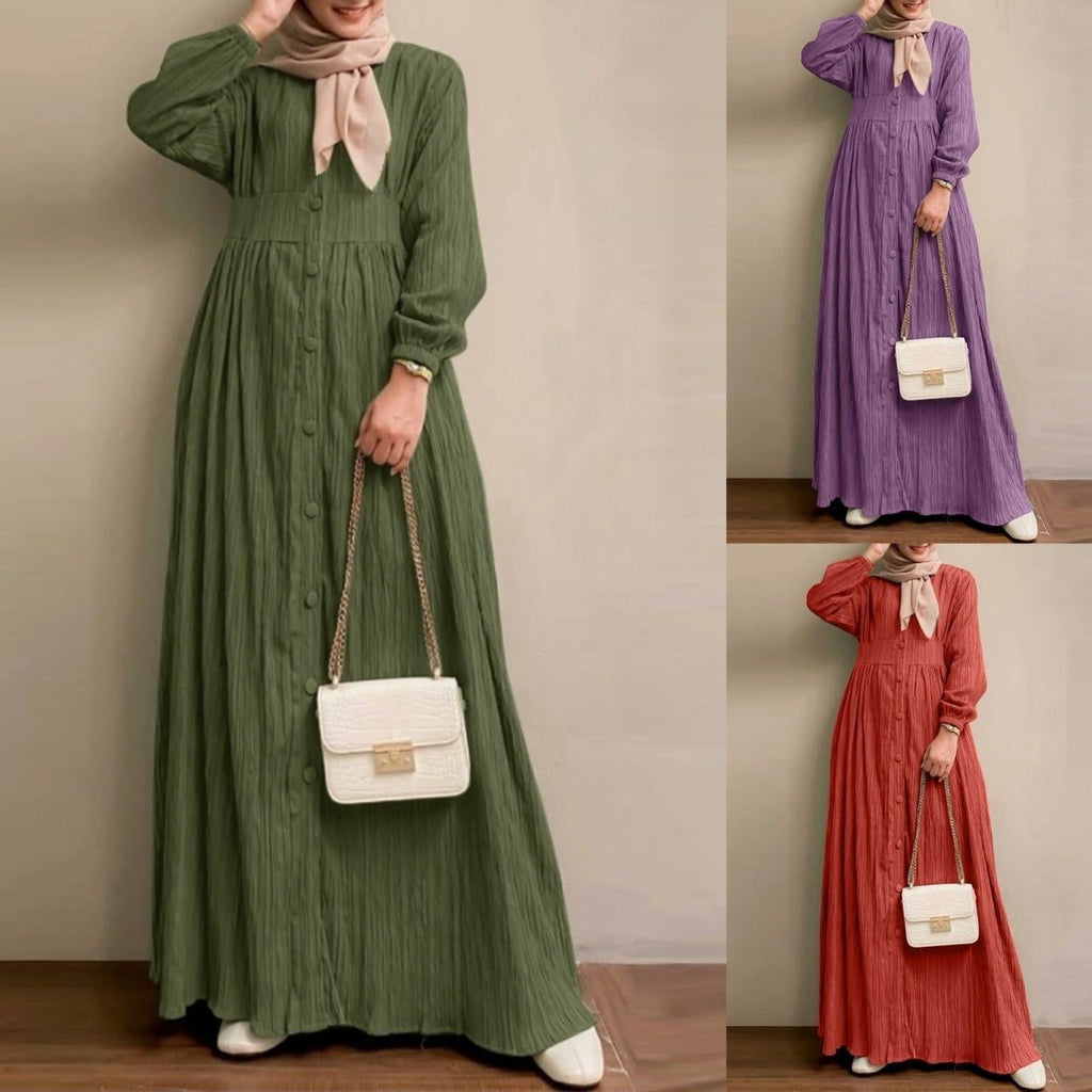 Vintage Button-Front Abaya Dress | Long Sleeve Modest Robe (MA256)