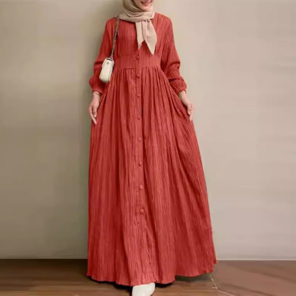 Vintage Button-Front Abaya Dress | Long Sleeve Modest Robe (MA256)