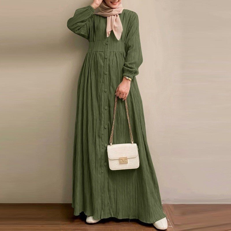 Vintage Button-Front Abaya Dress | Long Sleeve Modest Robe (MA256)