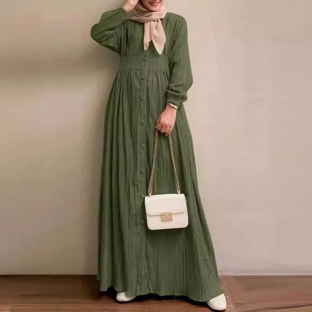 Vintage Button-Front Abaya Dress | Long Sleeve Modest Robe (MA256)