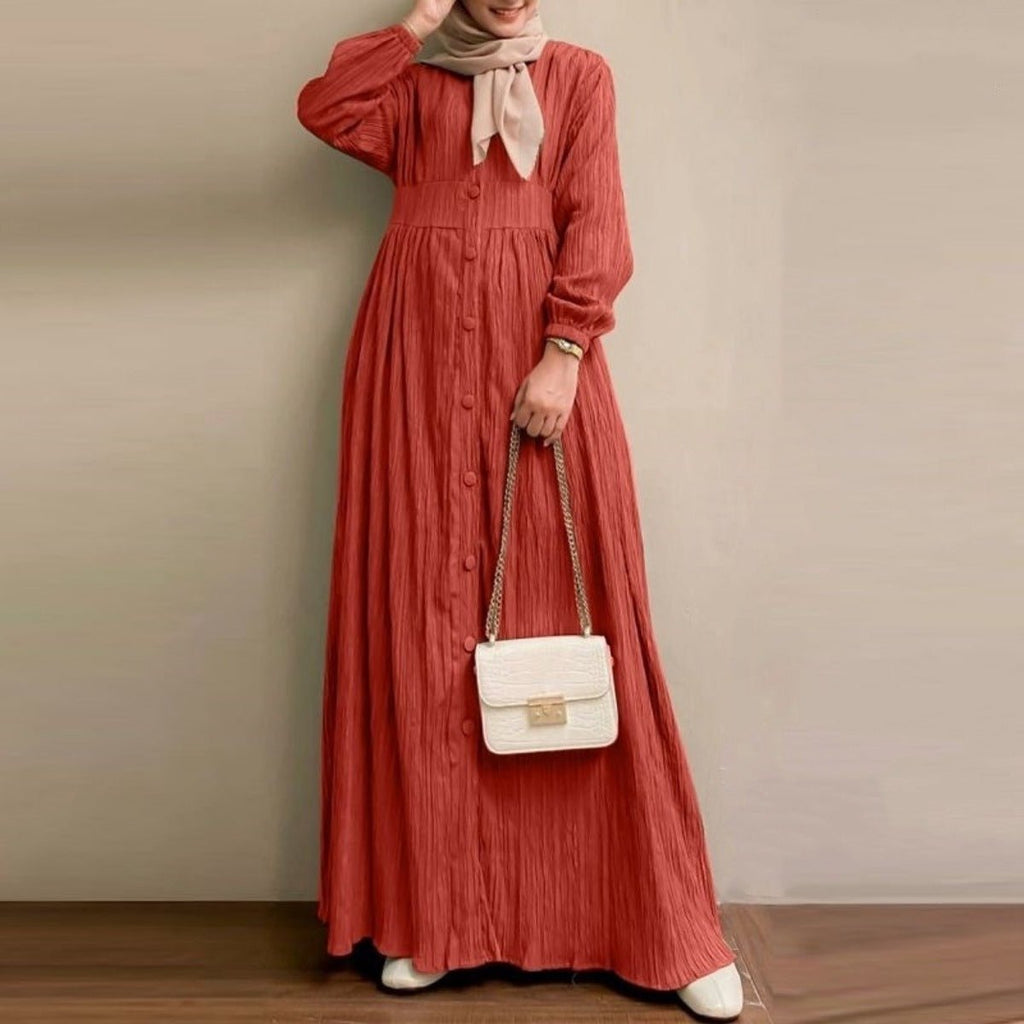 Vintage Button-Front Abaya Dress | Long Sleeve Modest Robe (MA256)
