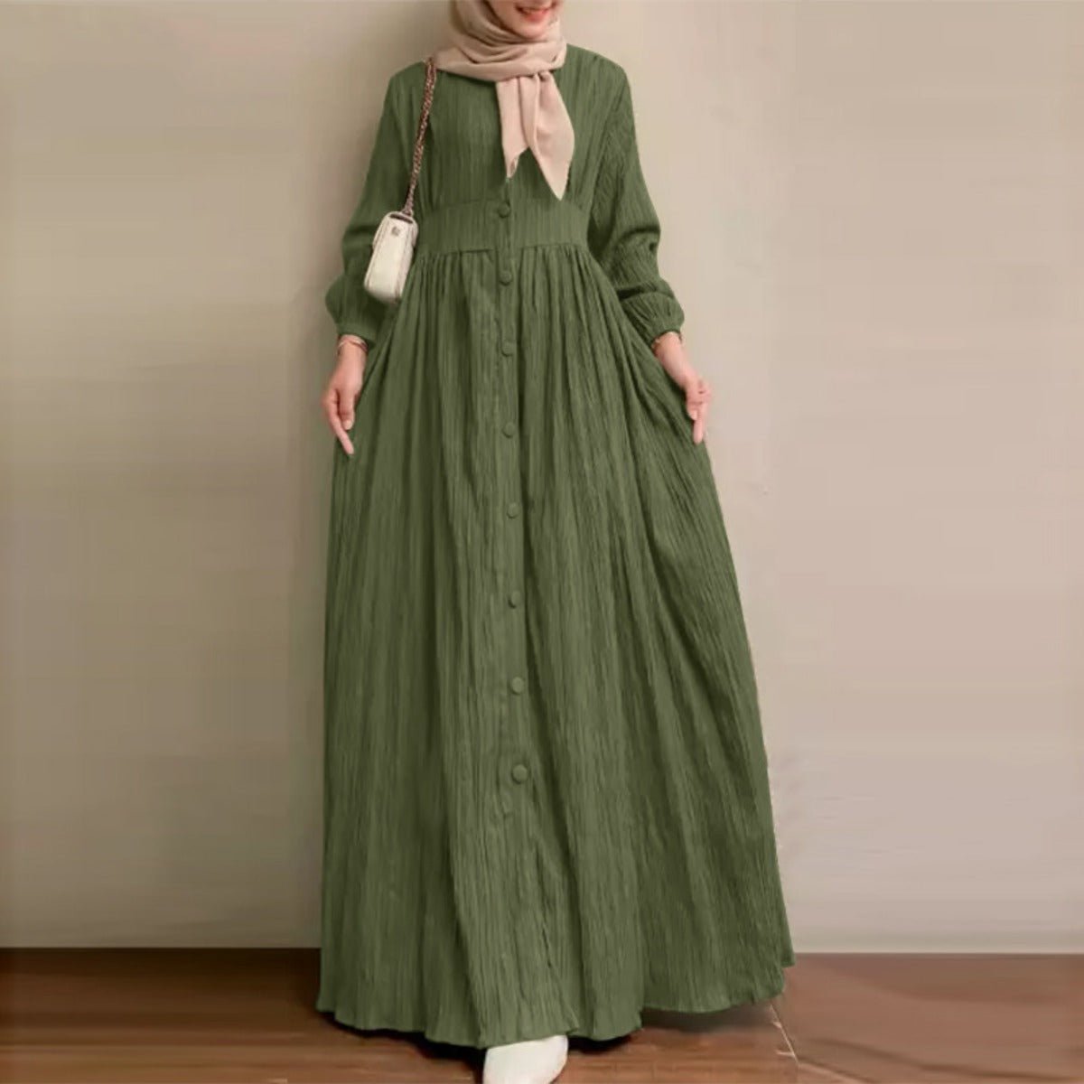 Vintage Button-Front Abaya Dress | Long Sleeve Modest Robe (MA256)