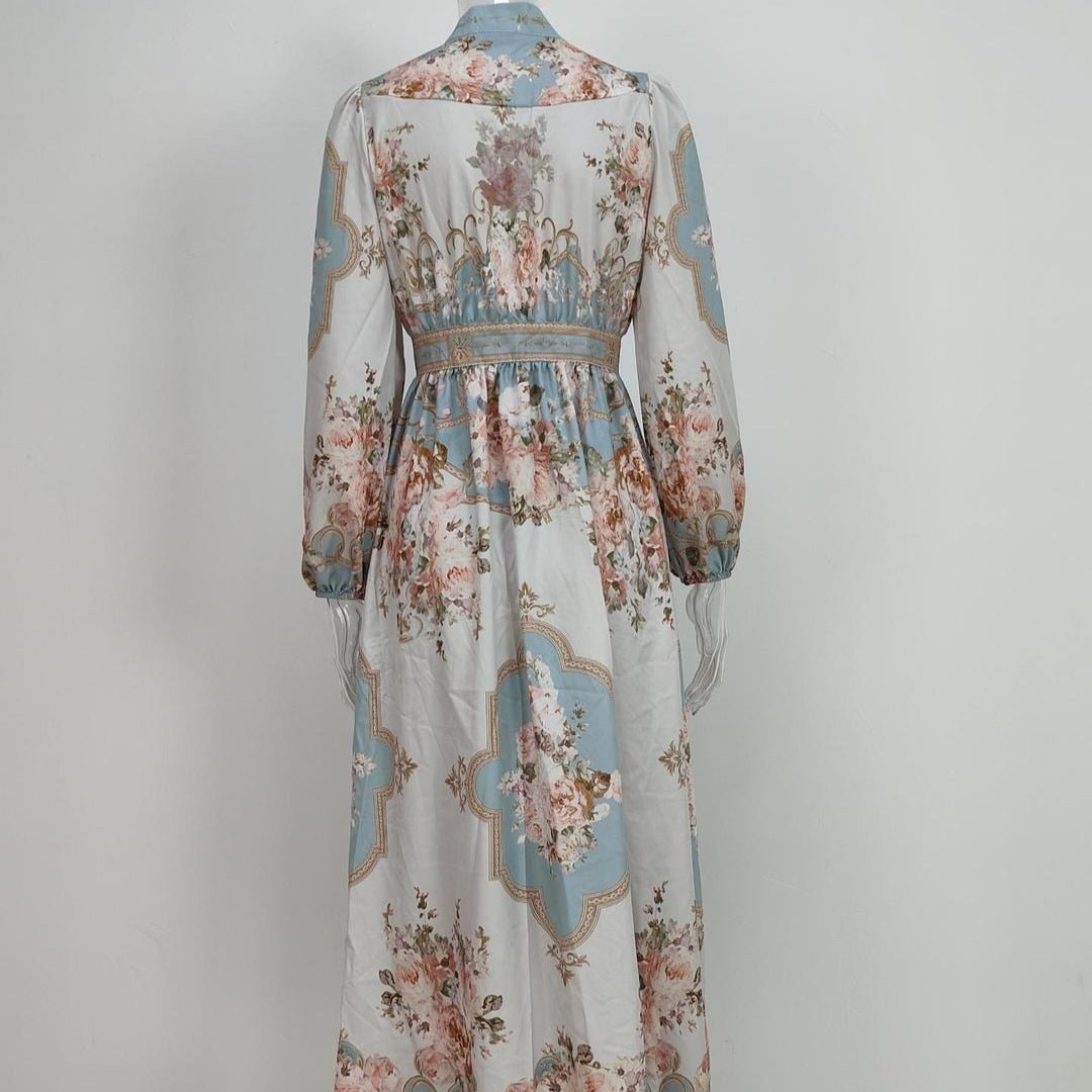 Vintage Floral Maxi Dress | V-Neck Long Sleeve Victorian Style Dress(MA378)