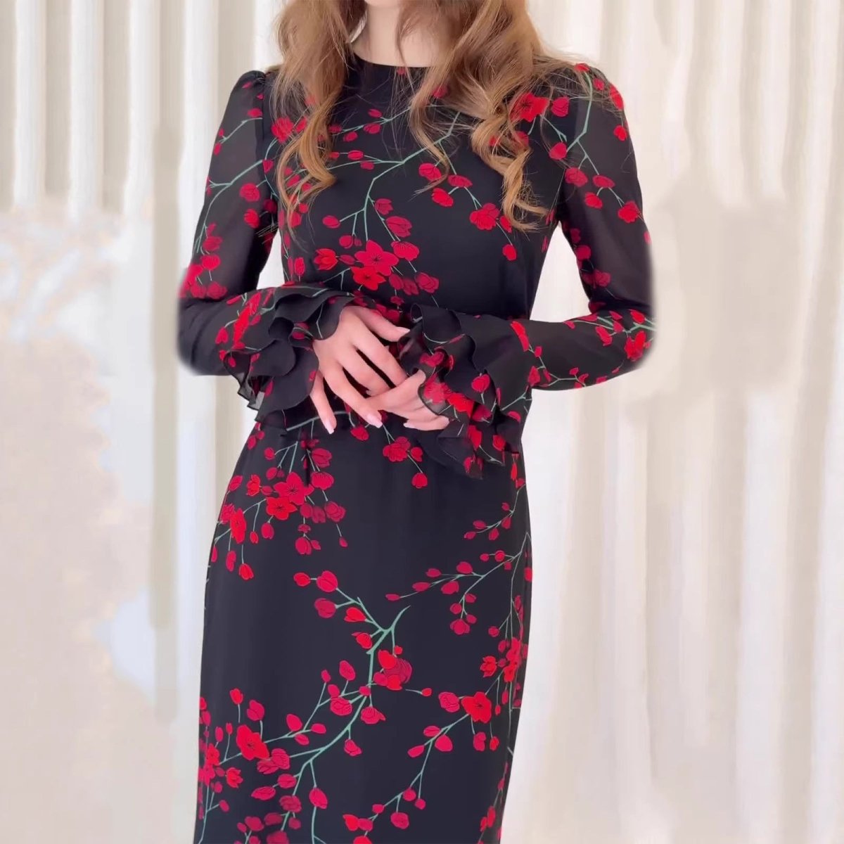 Vintage Floral Print Dress with Ruffle Cuffs(MS338)