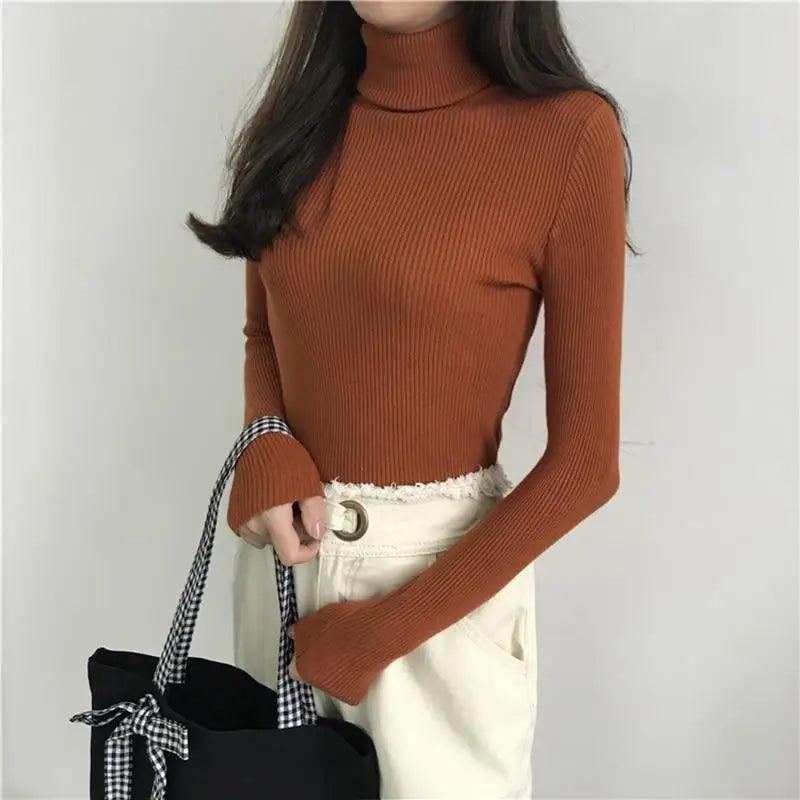 Vintage Style Autumn Winter Thick Sweater For Women Knitted Ribbed Pullover Sweater Long Sleeve Turtleneck Slim Jumper Soft Warm Pullover