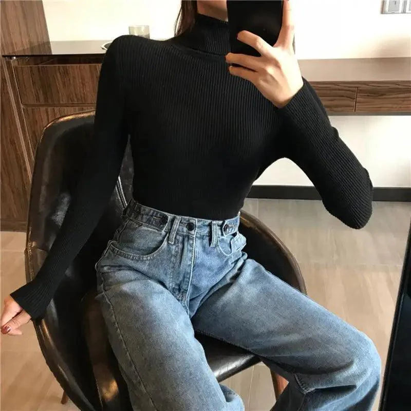 Vintage Style Autumn Winter Thick Sweater For Women Knitted Ribbed Pullover Sweater Long Sleeve Turtleneck Slim Jumper Soft Warm Pullover