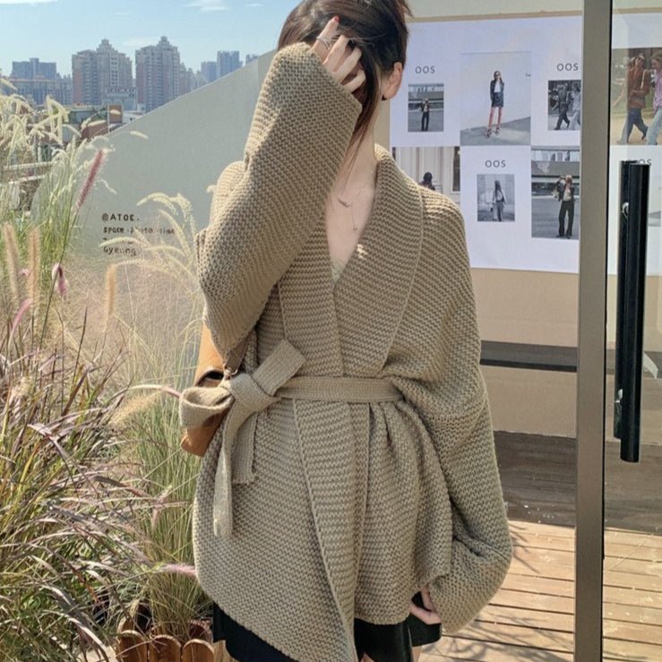 Waffle Knit Robe Cardigan | Belted Oversized Sweater Coat(MS198)