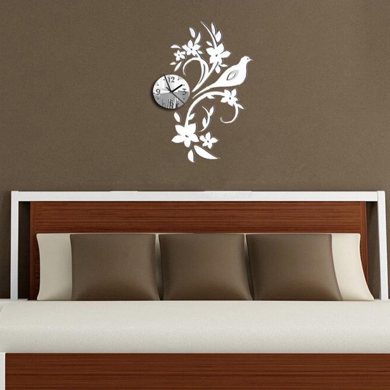 Wall Clock Modern Bird Design 3D Acrylic Mirror Living Room Quartz Needle 3D Clock Acrylic Mirror Wall Clock Decor Sticker Irregular Clock Wall Art Decals Wallpaper Home Decor for Living Room Bedroom Decoration