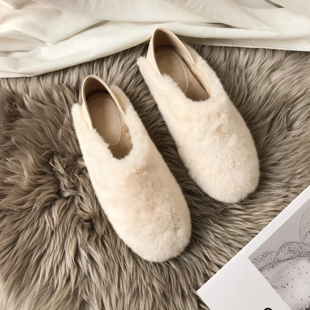 Warm Fur Loafers Women Winter Shoes Indoor Furry Flats Round Toe Fluffy House Warm Wool Slippers Memory Foam Anti-Skid Sole House Shoes Indoor Outdoor Slippers