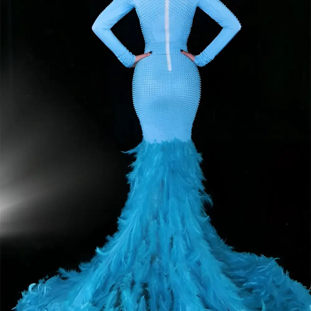 Water Bottle Feather Trailing Hip Mermaid Gown