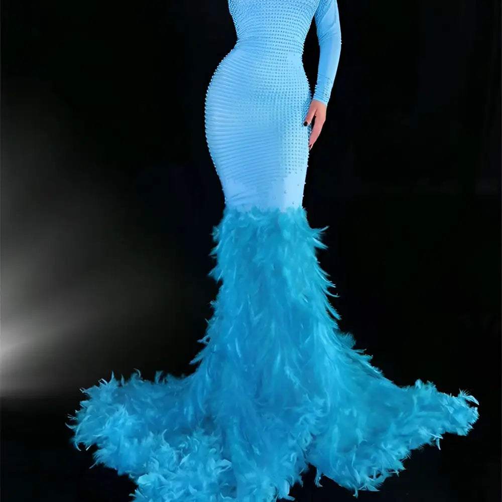 Water Bottle Feather Trailing Hip Mermaid Gown