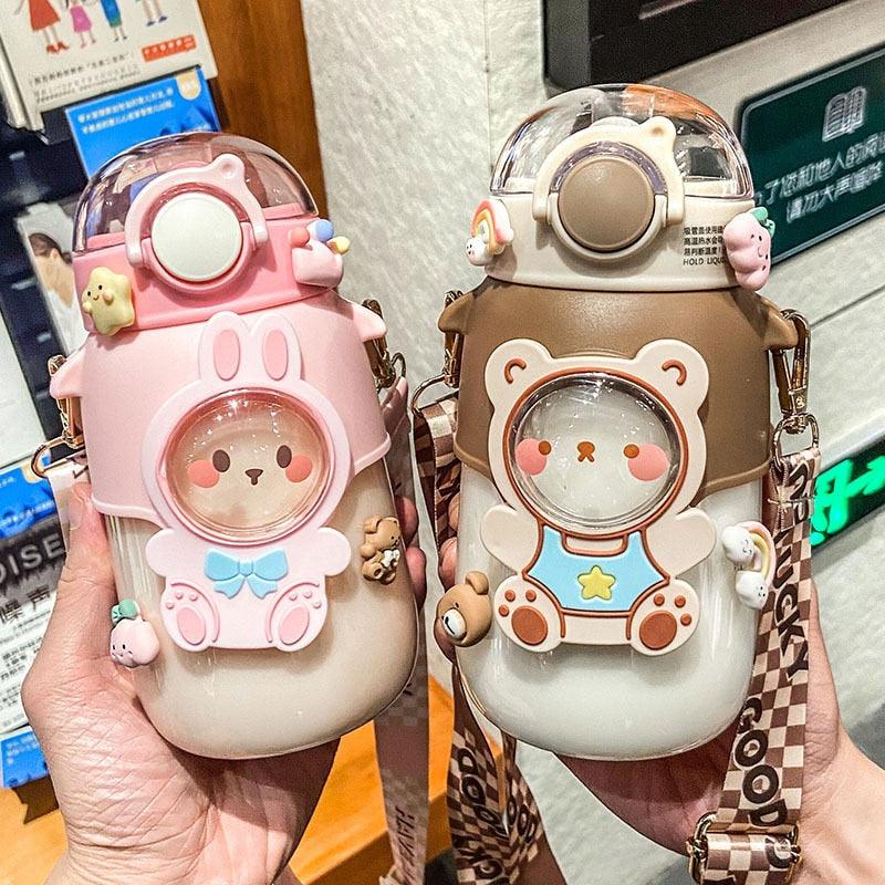 Water Bottle For Children 700ML Cute Stickers With Straw Temperature Kawaii Plastic Cup Portable Student School Bottle Girl Boy Water Bottles with Straw and Strap Cute Water Bottles Cartoon Animal Plastic Drinking Bottle Leakproof Water Bottle