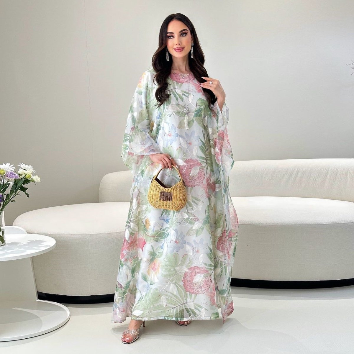 Watercolor Floral Kaftan Abaya | Batwing Sleeve Pullover Abaya (MA371)