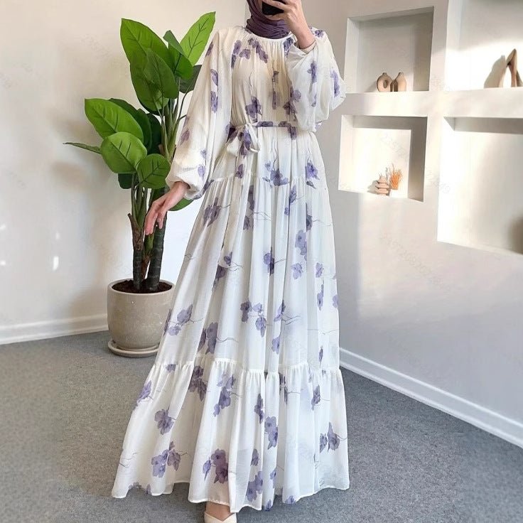 Watercolor Floral Maxi Dress | Long Sleeve Belted Tiered Dress(MS273)