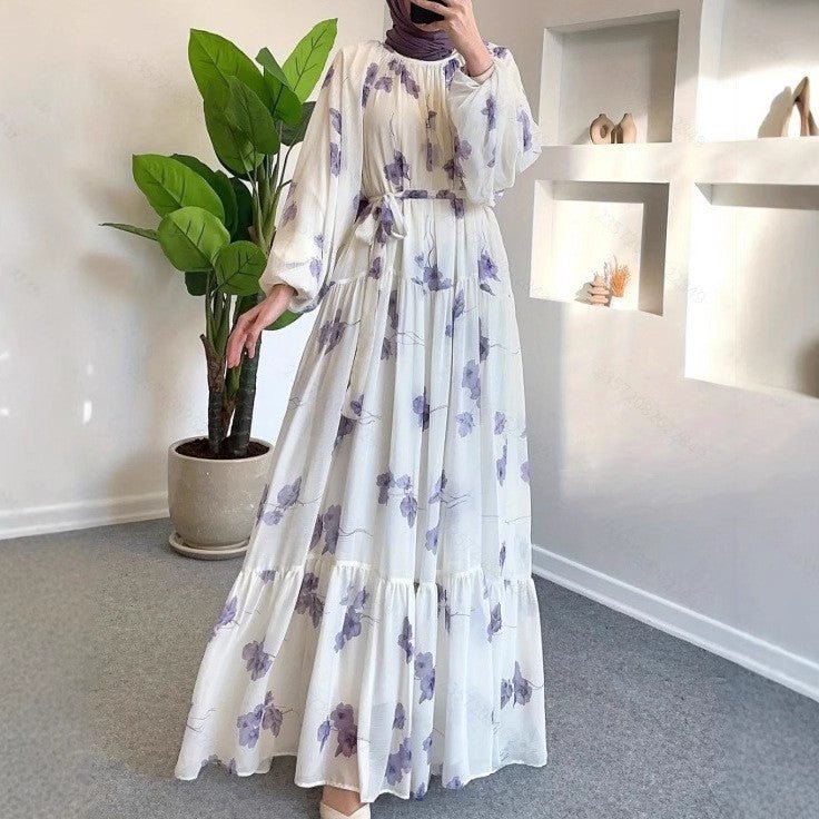 Watercolor Floral Maxi Dress | Long Sleeve Belted Tiered Dress(MS273)