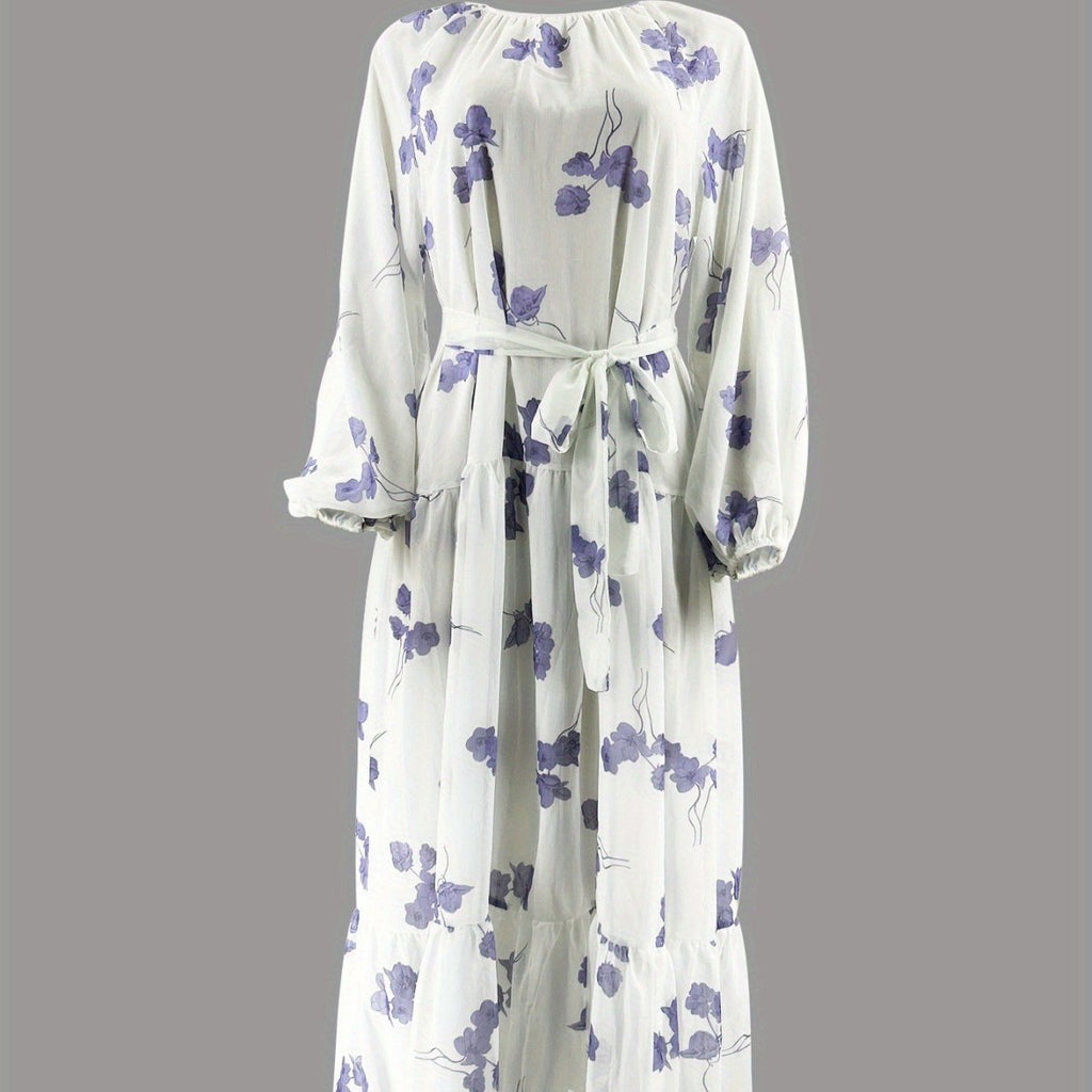 Watercolor Floral Maxi Dress | Long Sleeve Belted Tiered Dress(MS273)