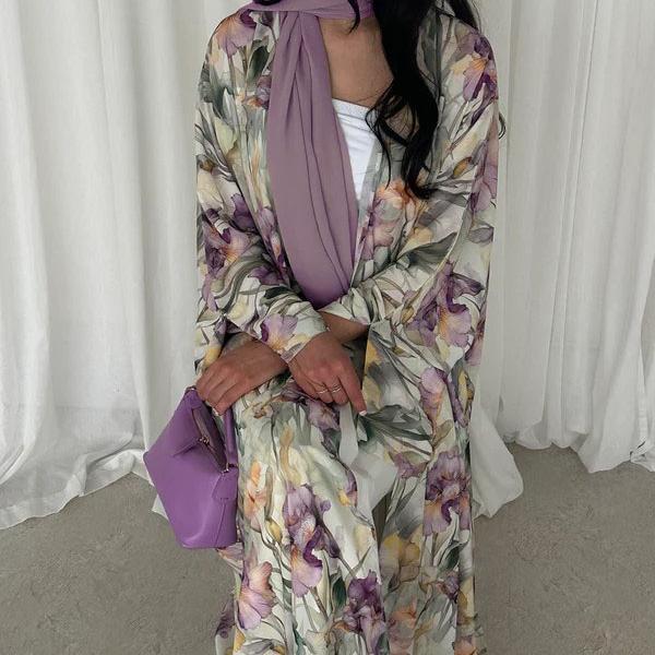 Watercolor Floral Print Abaya Set(MOA257)