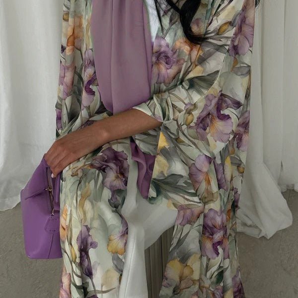 Watercolor Floral Print Abaya Set(MOA257)