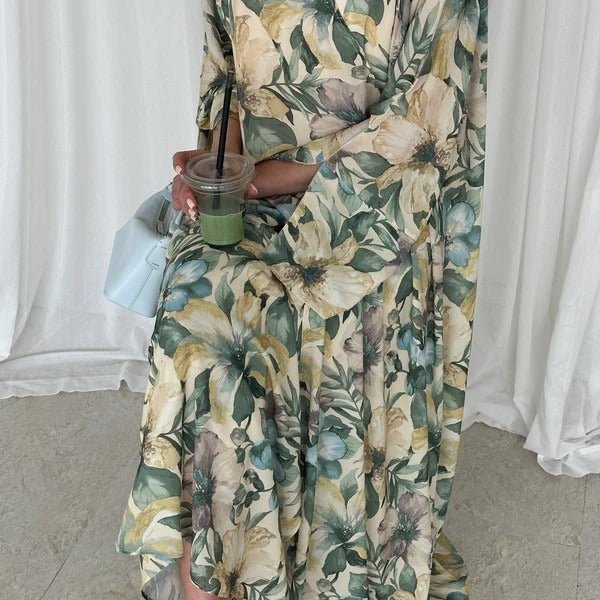 Watercolor Floral Print Abaya Set(MOA257)