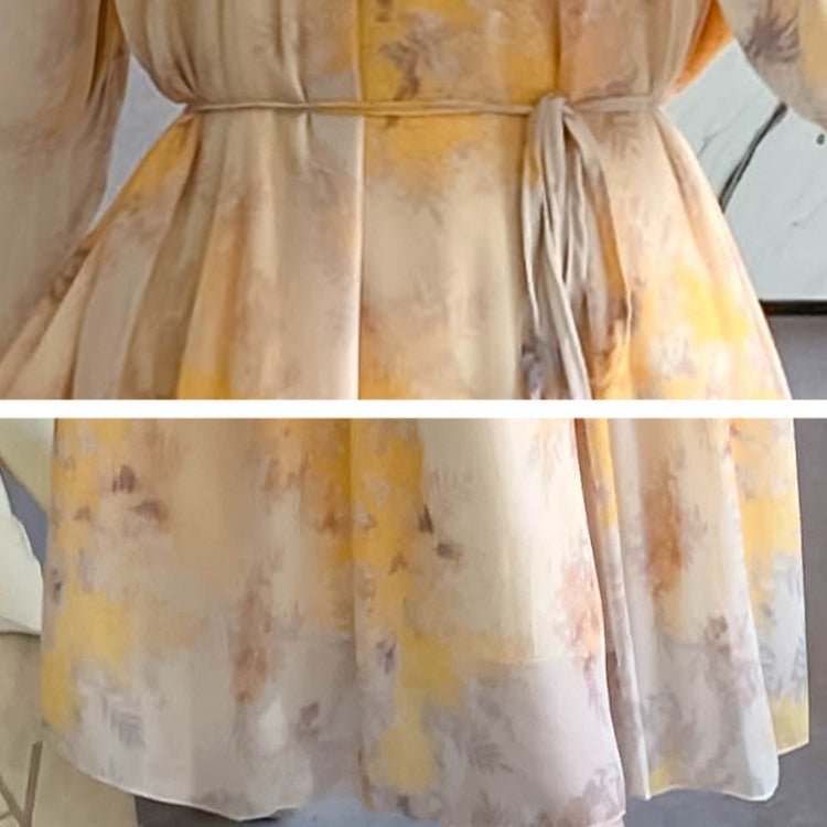 Watercolor Print Chiffon Maxi Dress | Long Sleeve Tiered Dress(MS270)