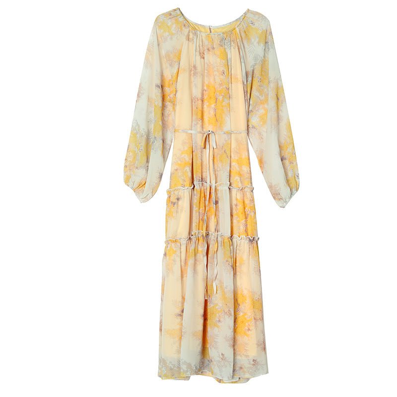 Watercolor Print Chiffon Maxi Dress | Long Sleeve Tiered Dress(MS270)