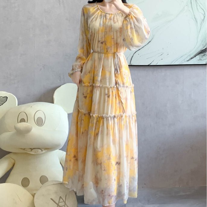 Watercolor Print Chiffon Maxi Dress | Long Sleeve Tiered Dress(MS270)