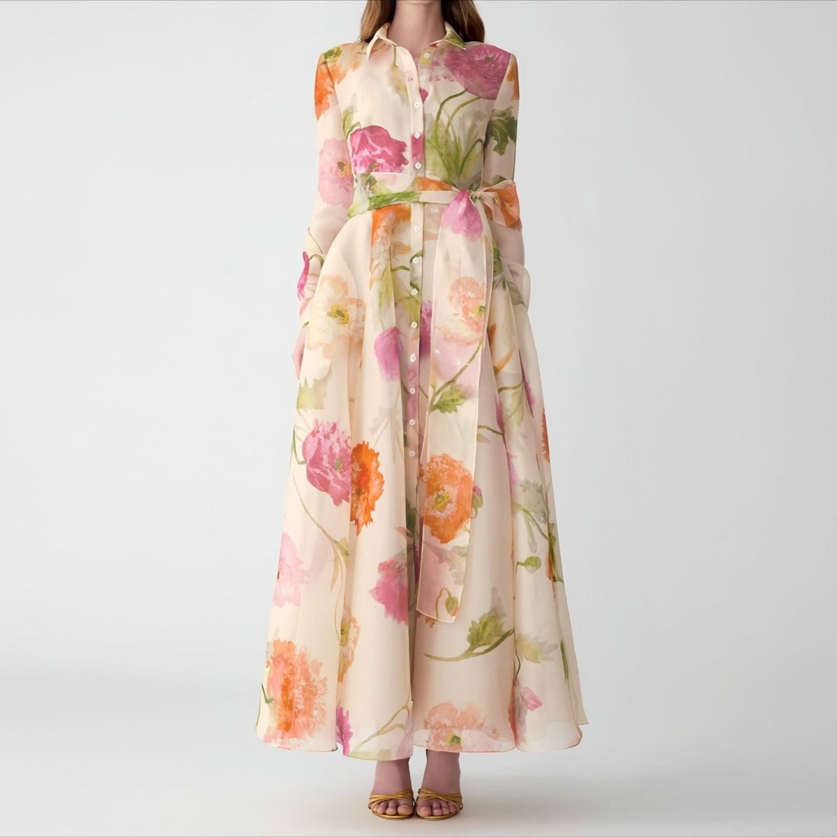 Watercolour Floral Shirt Maxi Dress(MS414)
