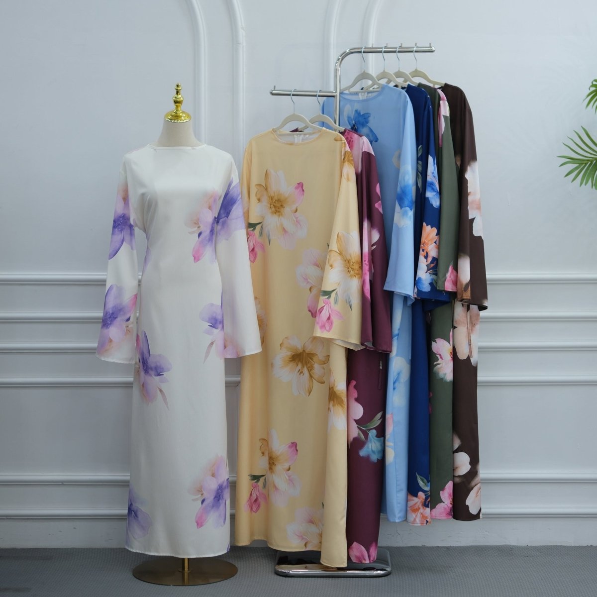 Watercolour Floral Washed-Crinkle Wide-Sleeve Maxi Dress(MS473)