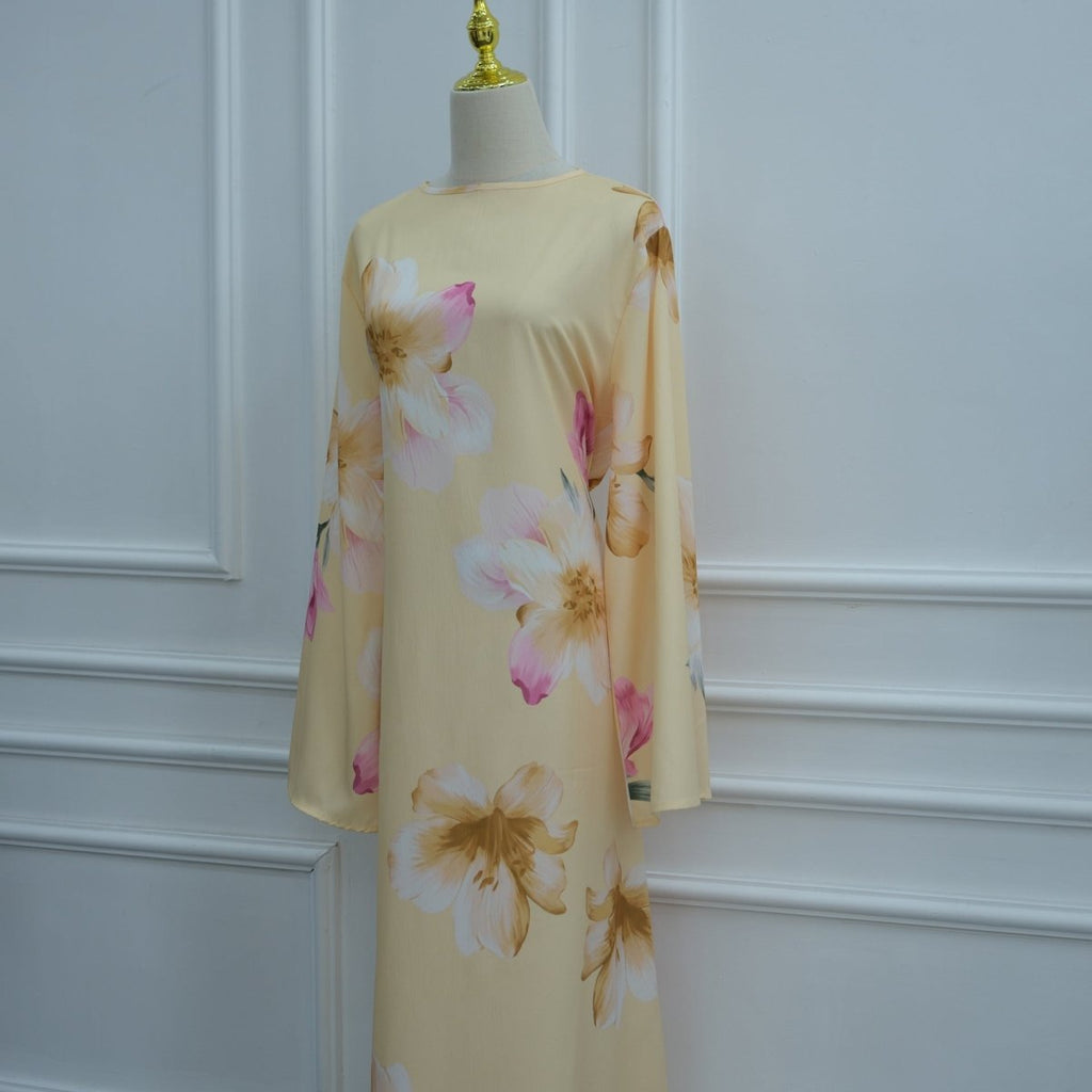 Watercolour Floral Washed-Crinkle Wide-Sleeve Maxi Dress(MS473)