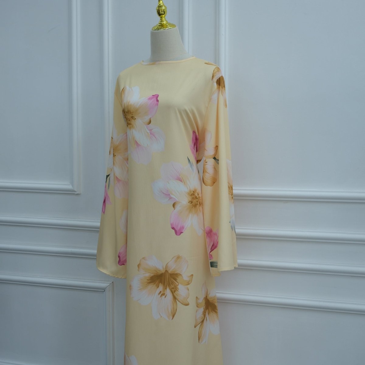 Watercolour Floral Washed-Crinkle Wide-Sleeve Maxi Dress(MS473)