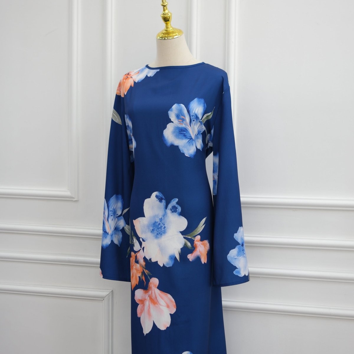 Watercolour Floral Washed-Crinkle Wide-Sleeve Maxi Dress(MS473)