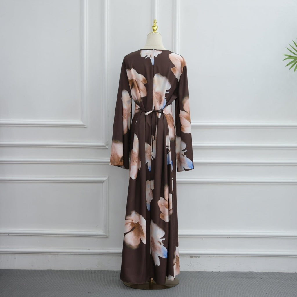 Watercolour Floral Washed-Crinkle Wide-Sleeve Maxi Dress(MS473)