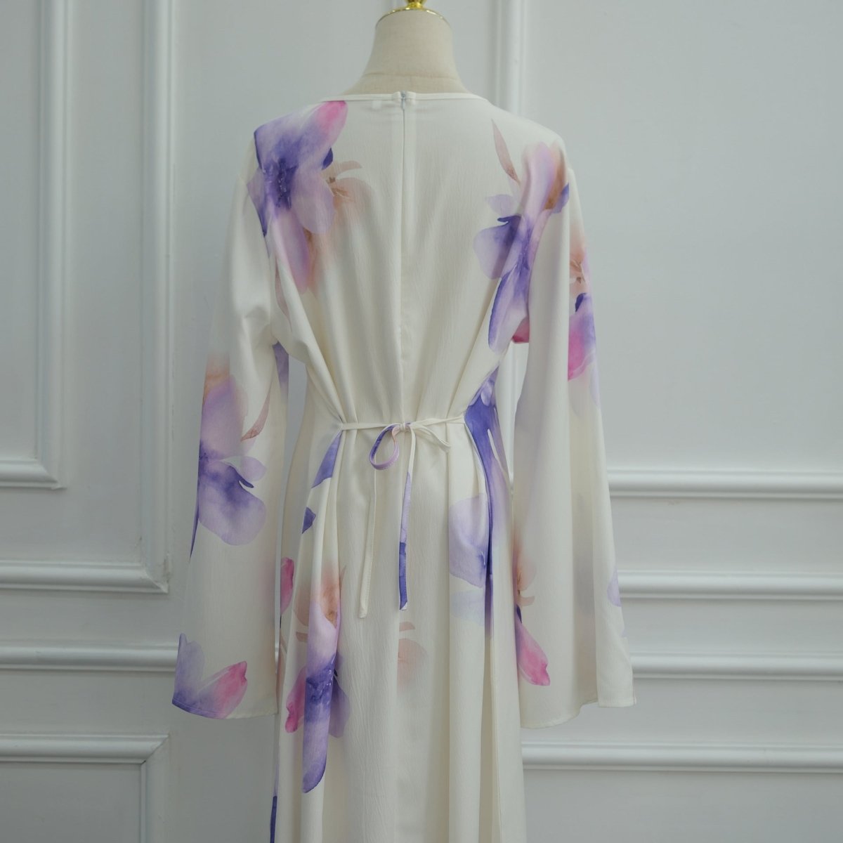 Watercolour Floral Washed-Crinkle Wide-Sleeve Maxi Dress(MS473)