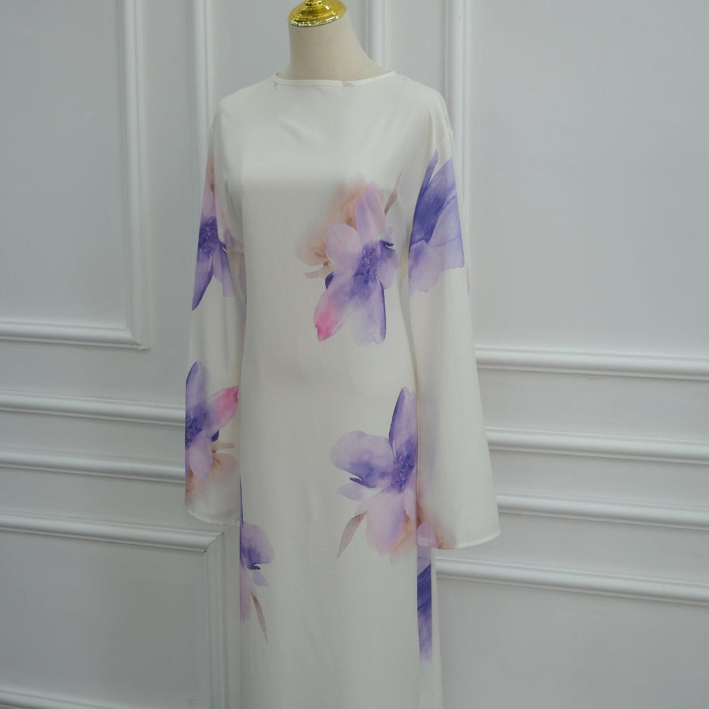 Watercolour Floral Washed-Crinkle Wide-Sleeve Maxi Dress(MS473)