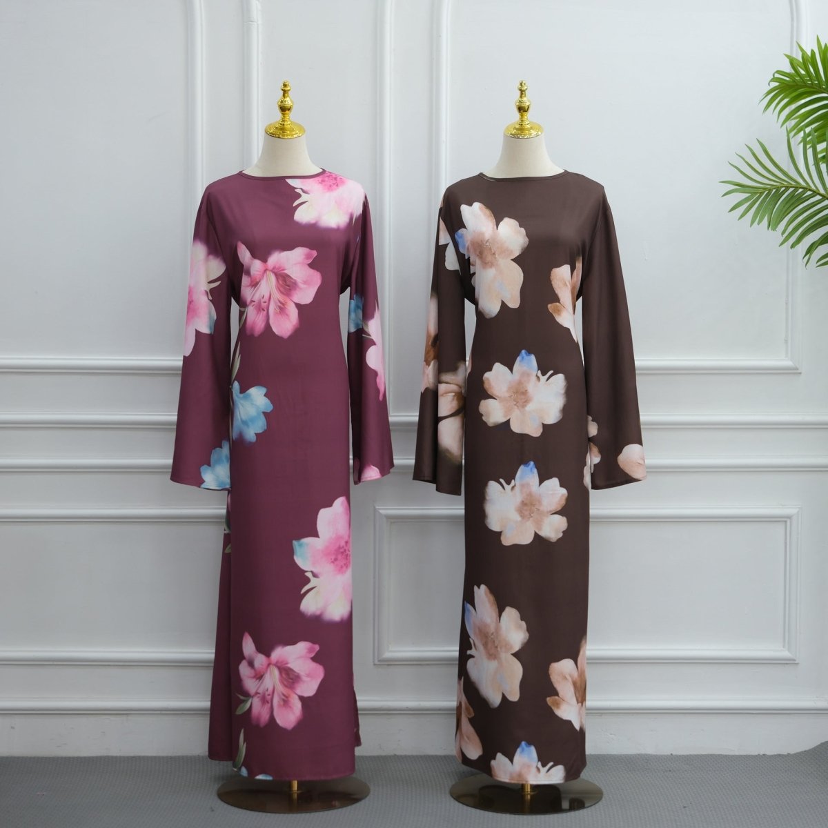 Watercolour Floral Washed-Crinkle Wide-Sleeve Maxi Dress(MS473)
