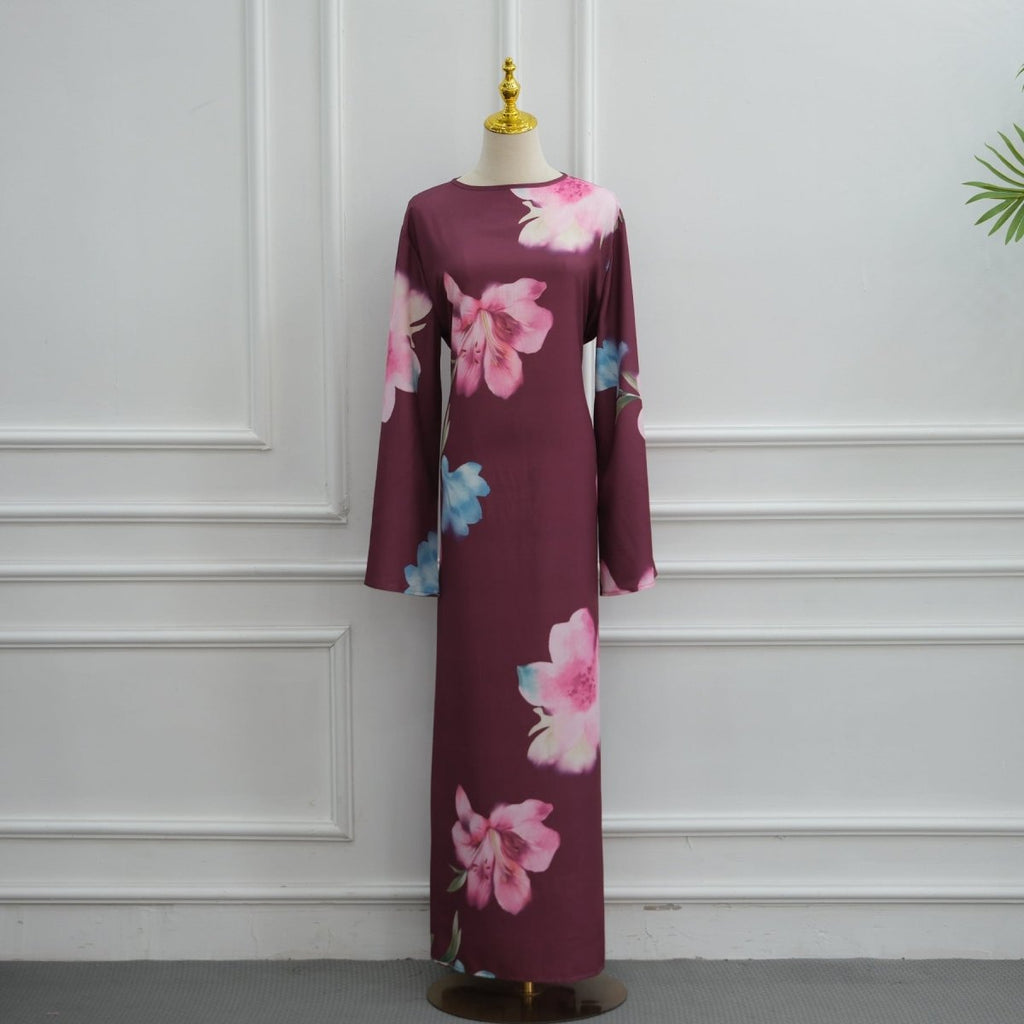 Watercolour Floral Washed-Crinkle Wide-Sleeve Maxi Dress(MS473)