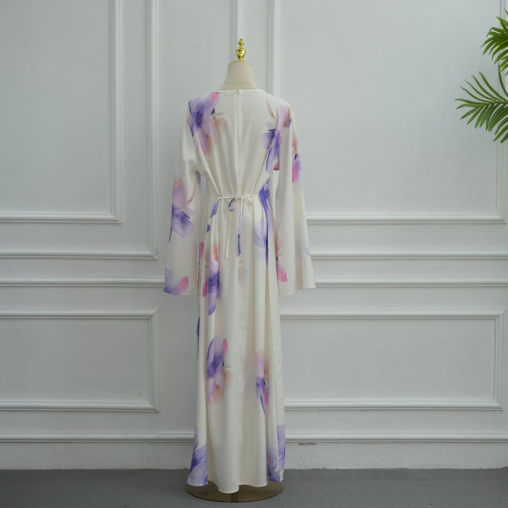 Watercolour Floral Washed-Crinkle Wide-Sleeve Maxi Dress(MS473)