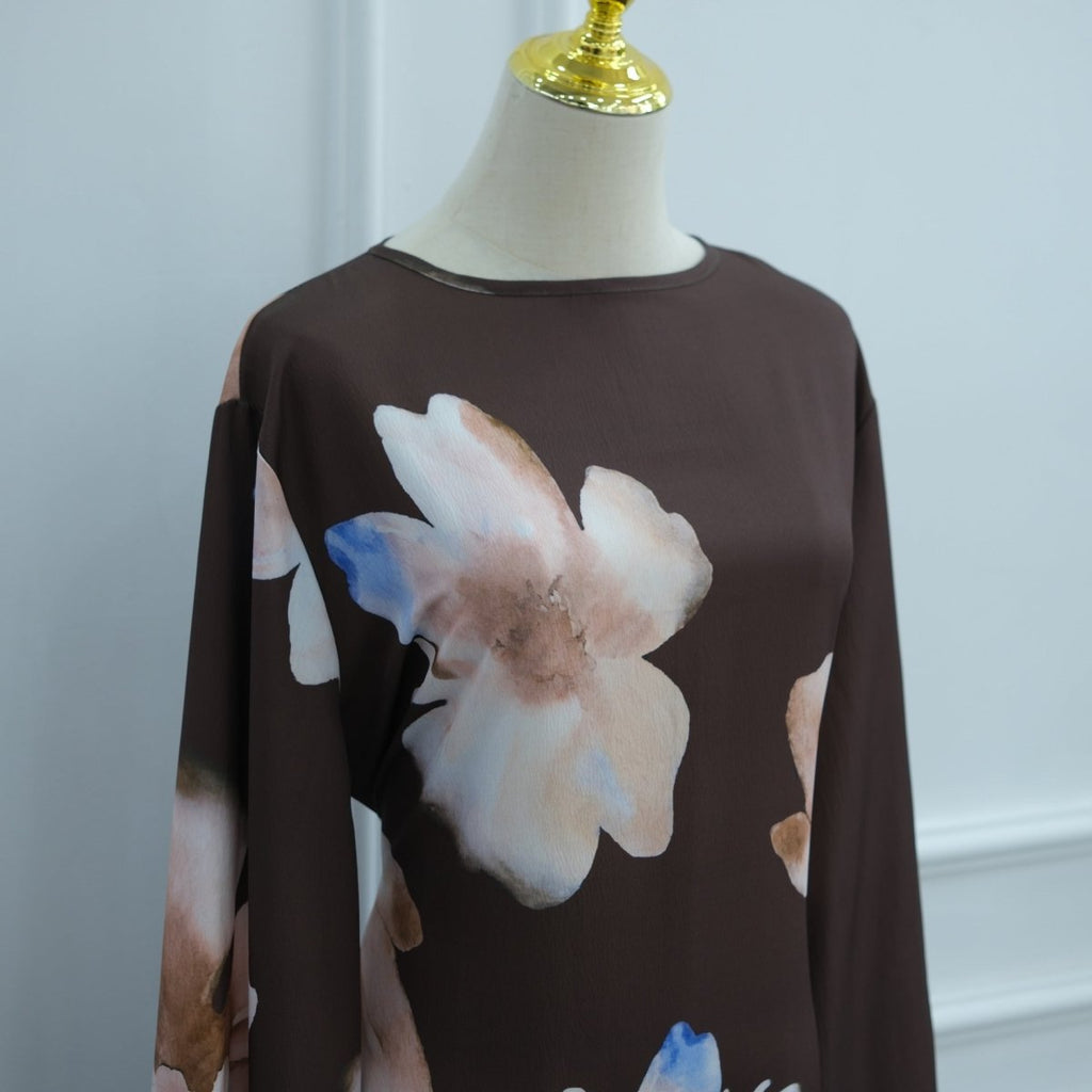 Watercolour Floral Washed-Crinkle Wide-Sleeve Maxi Dress(MS473)