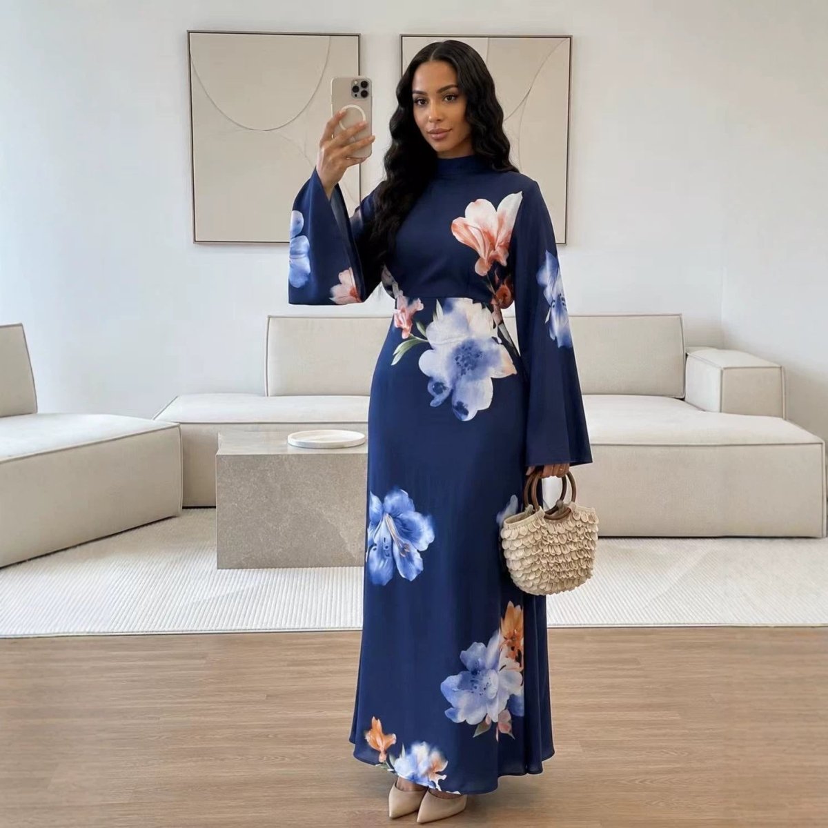 Watercolour Floral Washed-Crinkle Wide-Sleeve Maxi Dress(MS473)
